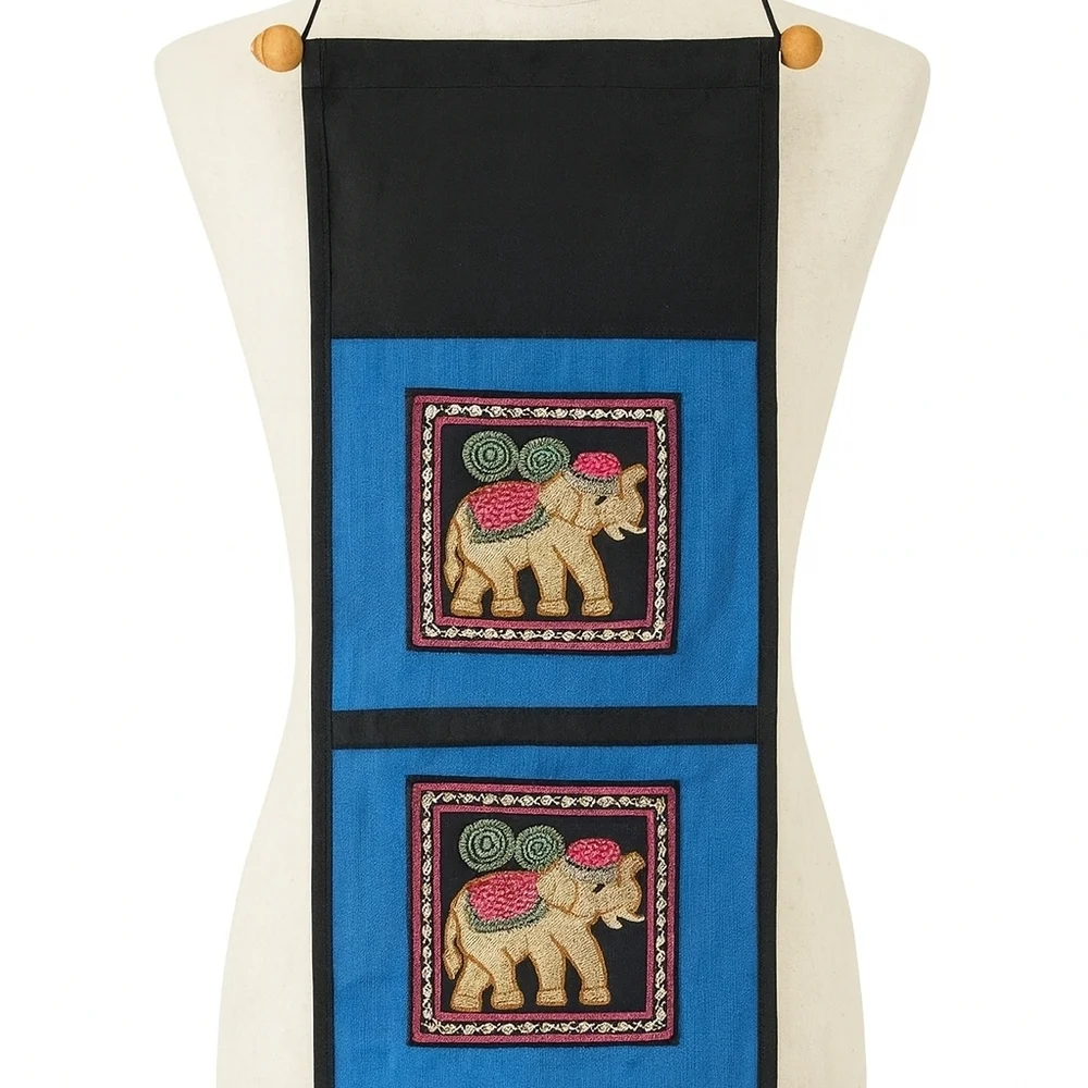 Boho Wall Hanging Embroidered Elephant Textile Art Blue Bohemian Decor